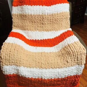 Vibrant Striped Chenille Throw Blanket - Orange, White, and Tan